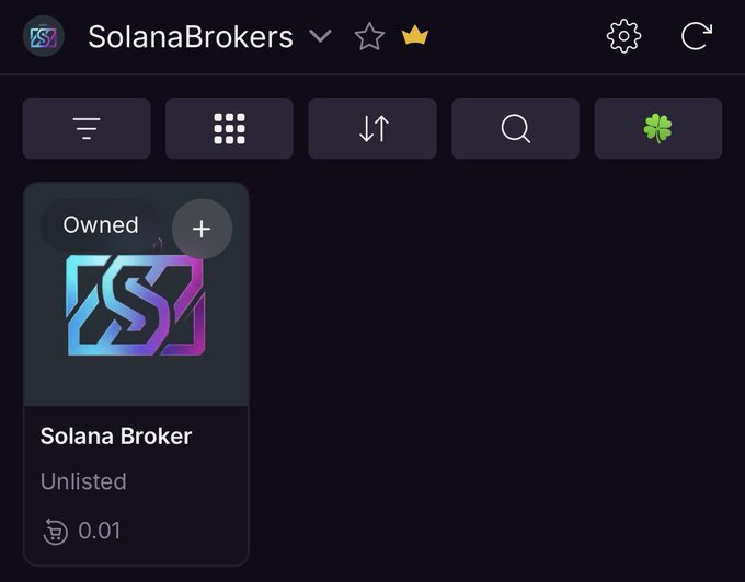A dark-themed cryptocurrency interface displaying a Solana Brokers section with an 'Unlisted' Solana Broker item priced at 0.01.