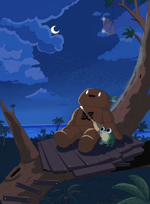 A whimsical digital illustration showing a brown clay-like character with a leaf in its mouth sitting on a wooden platform under a starry night sky with a crescent moon, accompanied by a small green frog holding a brush.