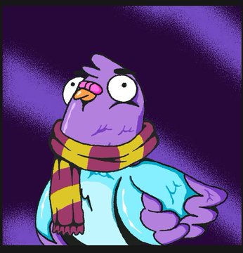 A cartoon illustration of a purple bird-like character wearing a yellow and red striped scarf against a dark purple background.