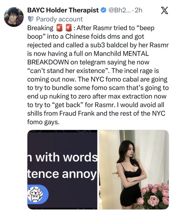 The image shows two posts by different people, one being a twitter post and another appearing to be a screenshot from someone's social media feed. In this screenshot, there are pink flowers displayed near a woman who has her arms crossed. She seems to be engaged in an online conversation or reading a caption related to the original Twitter post. The two posts seem unrelated as they have different content, but they both involve some sort of interaction or engagement with the person who posted them on social media platforms like twitter and Facebook.