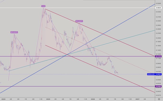 A 2-day #DOGEUSD chart showing Dogecoin's price action from 2024 through 2027, with key levels marked at 0.1170 (current), 0.0488, and 0.0446, illustrating a head and shoulders breakdown that tested a red parallel channel and the purple horizontal support near 0.0488.