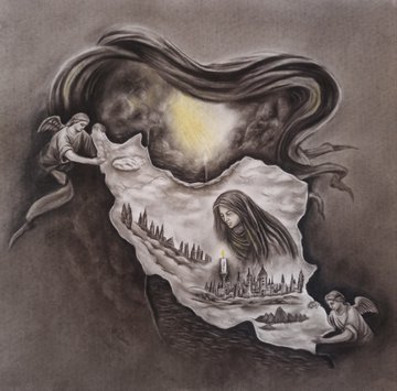 A detailed grayscale pencil-style illustration showing a hooded figure holding a glowing candle within a banner or cloth, flanked by two small winged cherubs, set against a smoky background.