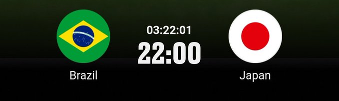 The image displays a match countdown graphic showing Brazil vs. Japan, with a countdown timer at 03:22:01 and a kickoff time of 22:00, accompanying the post's call for exact score predictions on $OFC's Matchday Challenge.