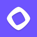A minimalist logo featuring a white rounded square or rhombus shape with a curved cutout, set against a solid purple background.