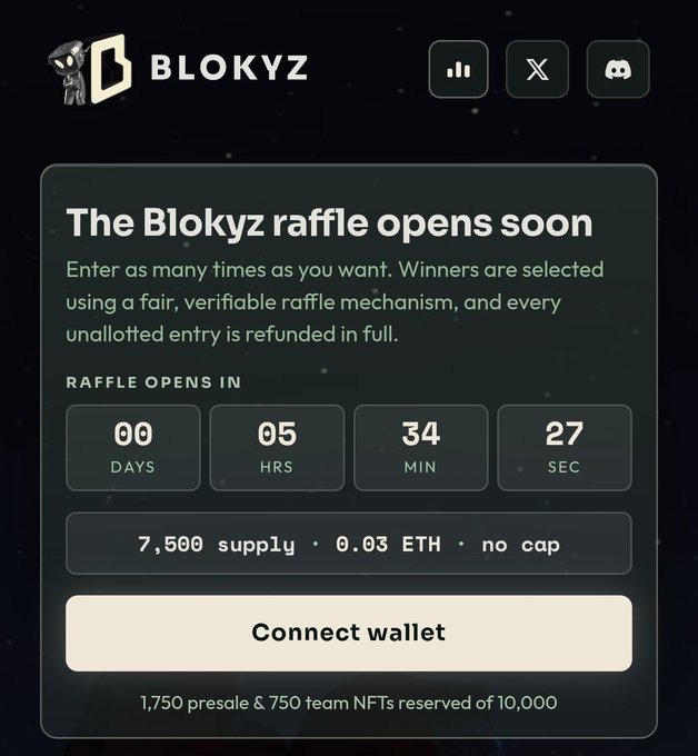 A landing page for the Blokyz NFT raffle with a countdown timer showing 5 hours, 34 minutes, and 27 seconds until opening, priced at 0.03 ETH with a 7,500 supply.
