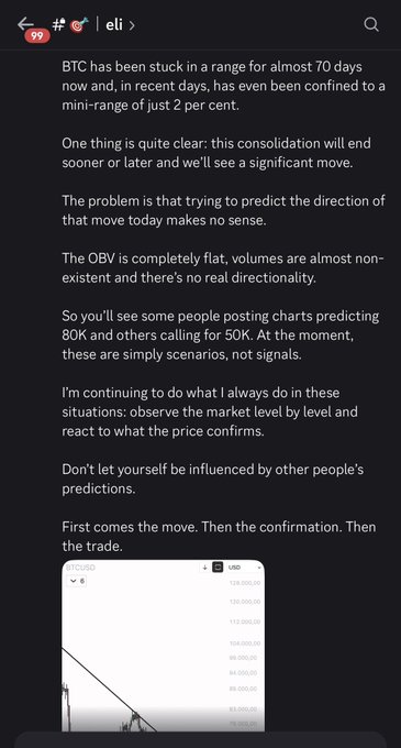 A social media post discussing Bitcoin's (BTC) 70-day range consolidation, noting the OBV is flat and advising against reacting to others' 80K/50K predictions until price confirms direction, with a "First comes the move. Then the confirmation. Then the trade" approach, alongside a partial BTC/USD chart.