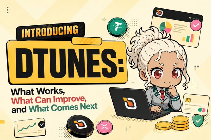 A promotional graphic titled 'INTRODUCING DTUNES: What Works, What Can Improve, and What Comes Next,' featuring an anime-style white-haired character using a laptop surrounded by crypto and analytics icons.