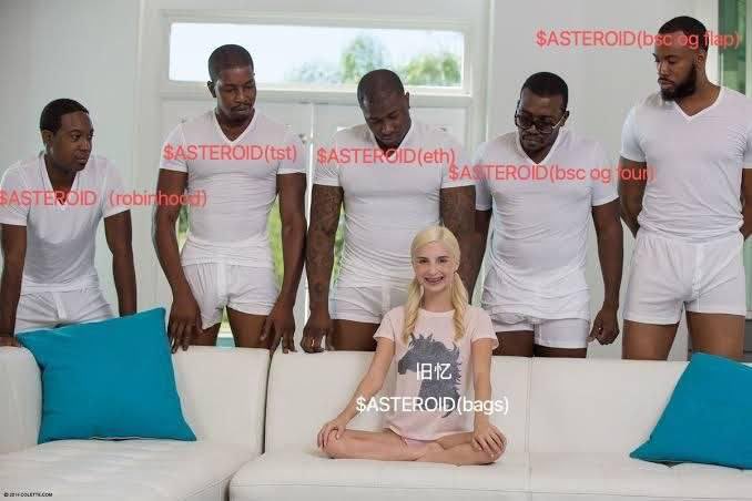 A meme image featuring a woman sitting on a couch surrounded by men in white underwear, with humorous cryptocurrency ticker labels overlaid on each person and the woman labeled '$ASTEROID(bags)' with Japanese text '旧忆'.