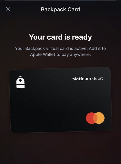 A mobile screen displaying 'Your card is ready' for a Backpack platinum debit virtual Mastercard, ready to be added to Apple Wallet.