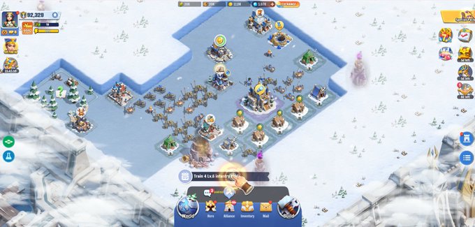 A screenshot of a snowy mobile strategy game displaying a base-building interface with troops, defensive structures, and resource counters showing 92,328 gold and 13,090 troops, while a notification reads "Troops 4 Lv.8 freeze for 4787s." The image illustrates the mobile gaming platform aspect mentioned in the post about ONE's transformation into a "Steam for mobile games."