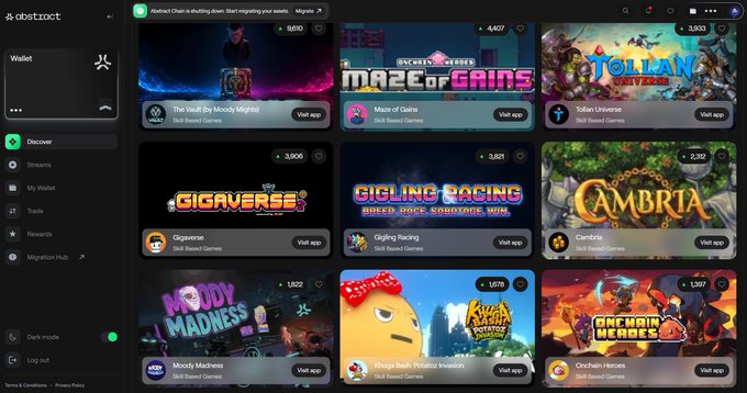 A screenshot of the Abstract web3 wallet application 'Discover' page, displaying various skill-based games like 'Maze of Gains', 'Gigaverse', 'Gigling Racing', 'Cambria', and 'Moody Madness'.