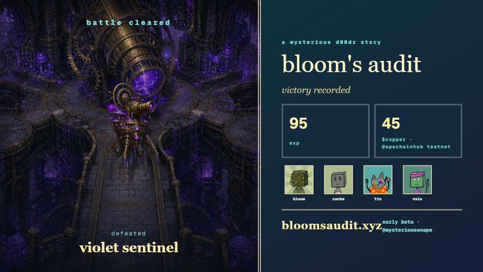 A video game victory screen titled 'bloom's audit' showing 'battle cleared' after defeating 'violet sentinel,' with 95 exp and 45 copeper rewards displayed alongside character portraits labeled bloom, cacko, tzo, and vela.