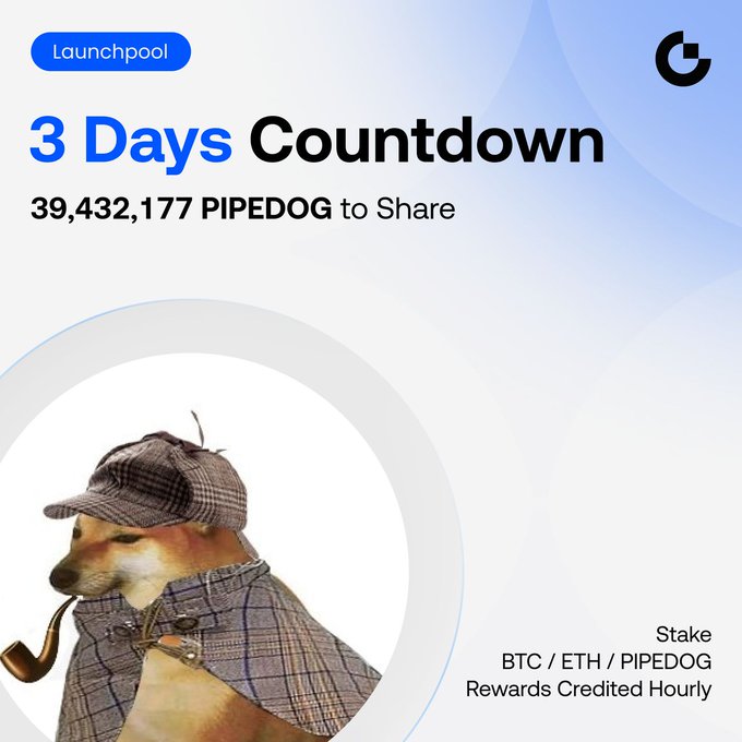 A promotional graphic for Launchpool featuring a Shiba Inu dog dressed in detective attire (plaid cap and coat with a pipe) alongside text reading "3 Days Countdown" and "39,432,177 PIPEDOG to Share," supporting the post's announcement of a $PIPEDOG staking event with an estimated APR up to 684.06% and over $110,000 in prizes.