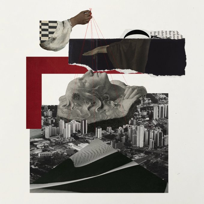 A surreal black, white, and red collage showing fragmented classical statue parts, an arm controlling puppet strings, and an aerial cityscape.