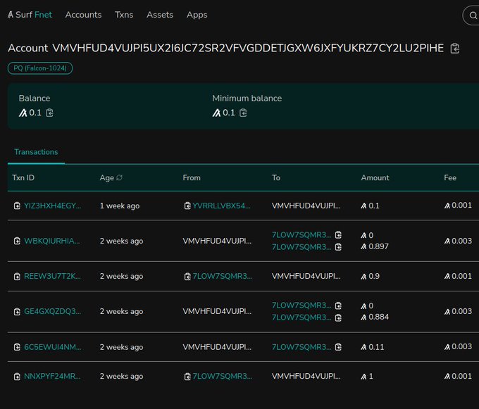 A screenshot of a Surf Fnet account page for 'VMVHFUD4VUJP15UX2I6JC72SR2VFVGDDETJGXW6JXFYUKRZ7CY2LU2PIHE' (PQ Falcon-1024) showing a balance of 0.1 and a transaction history table.
