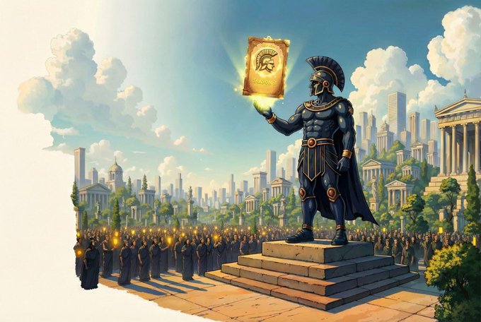 The image features a statue of a man holding a book, possibly a scroll or parchment, with a cityscape in the background. The caption above the image reads "Different missions, but both remind me that some of the most important work happens behind the scenes through participation and engagement @NomismaNetwork is focused on building an active community layer through participation and engagement @sleepagotchi is proving they can become much more than that". This suggests a connection between the statue's role in society (preserving knowledge or history) and the importance of community involvement in achieving goals.