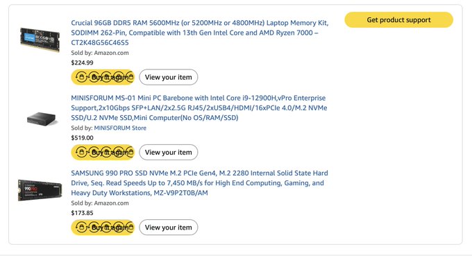 Amazon purchase history showing a Crucial 96GB DDR5 RAM kit for $224.99, a MINISFORUM MS-01 Mini PC for $519.00, and a SAMSUNG 990 PRO SSD 2TB for $173.85, all with 'View your item' buttons.