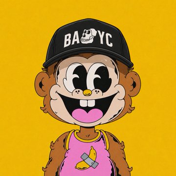 A cartoon illustration of a monkey-like character with a wide smile wearing a black 'BAYC' (Bored Ape Yacht Club) cap and a pink tank top featuring a band-aid design, set against a yellow background.