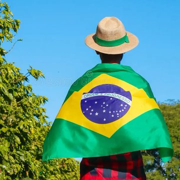 A person from behind wearing a straw hat and draped in a Brazilian flag with the 'Ordem e Progresso' motto visible, standing outdoors with green foliage.