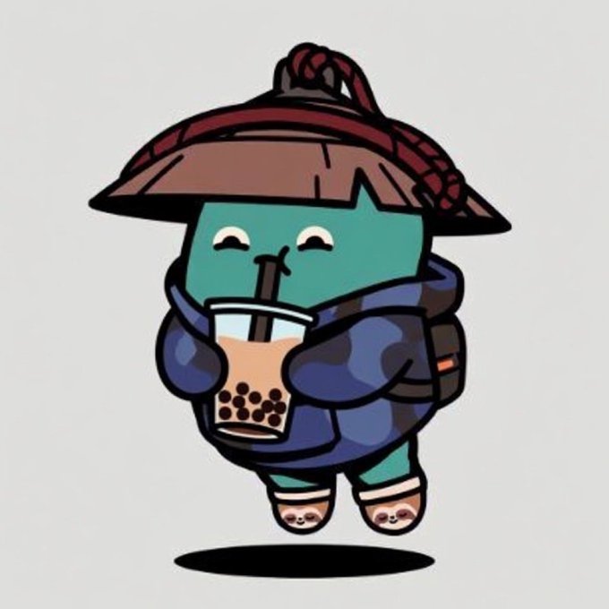 urn of tea with a straw, blue and white striped hat, backpack, and shoes, holding a cup of tea against a gray background.