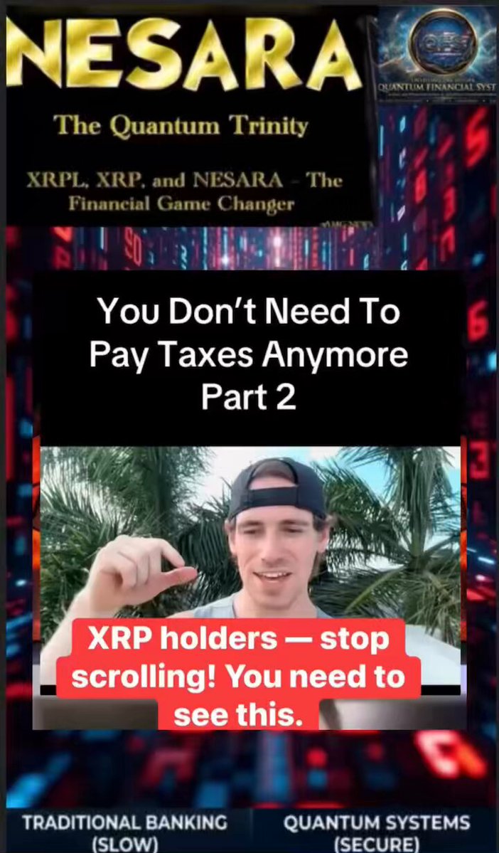 The image features a man wearing a baseball cap, holding up his hand with an XRP symbol above him. The caption reads "You Don't Need To Pay Taxes Anymore Part 2", which suggests that there might be some financial news or information related to cryptocurrency and taxes.