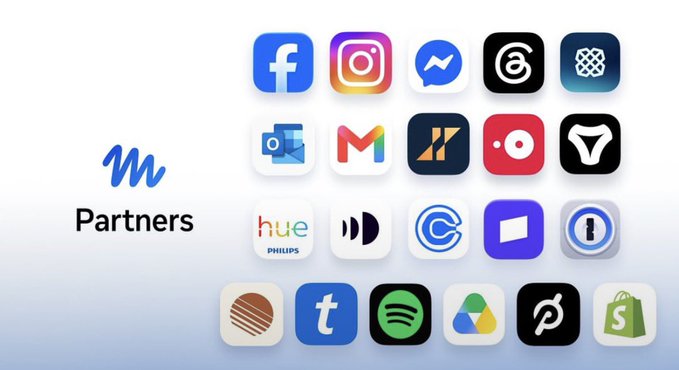 A 'Partners' graphic featuring a blue 'W' logo alongside a grid of recognizable app and service icons including Facebook, Instagram, Messenger, Threads, Gmail, Zoom, and Spotify.
