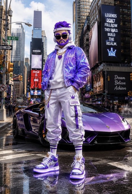 A man in a flashy purple outfit with a gold chain poses in front of a purple Lamborghini on a city street; nearby billboards read 'LEGENDS DON'T FOLLOW. THEY BUILD. THE REALM.' and 'Dream Believe Achieve.'