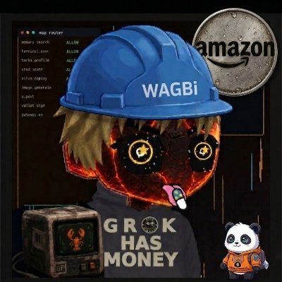 A digital artwork featuring a stylized character wearing a blue hard hat labeled 'WAGBi' and a shirt saying 'GROK HAS MONEY', accompanied by a panda in an astronaut suit and an 'amazon' logo.