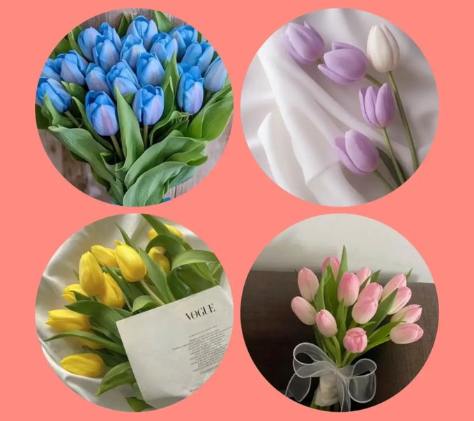 A collage on a coral background shows four bouquets of colorful tulips: blue, purple and white, yellow with a 'VOGUE' card, and pink tied with a white ribbon.