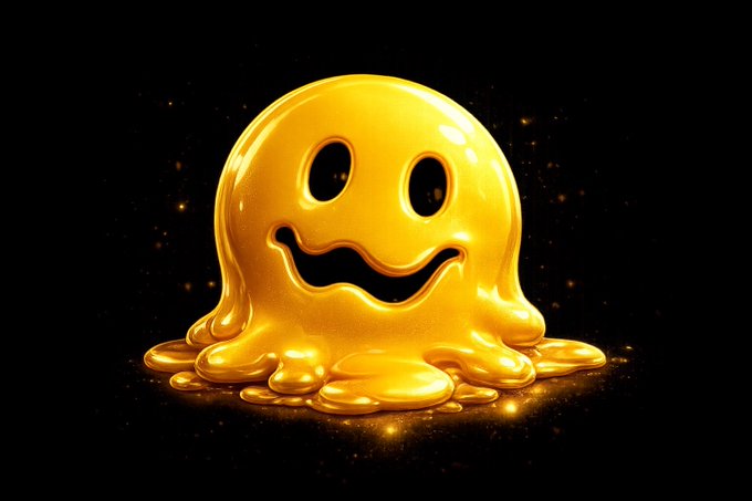A glossy golden ghost-like blob character with a smiling face, melting into a puddle against a dark, sparkly background.