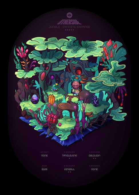 A stylized digital illustration titled 'UNIVERSAL JUNGLE: INFINITE EXPANSE' depicts an isometric scene of a lush jungle with a small character, labeled with credit roles like 'NARRATOR none' and 'SOUND DESIGN obluution'.