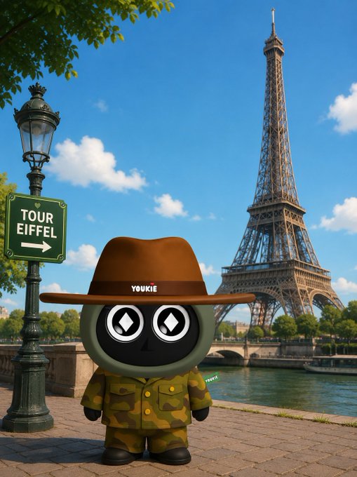 The image features a cartoon character dressed as a soldier, standing next to a street lamp with a sign that says "Tour Eiffel" above it. The character appears to be wearing a hat and has a backpack. In the background, there is a tall tower called the Eiffel Tower, which is an iconic landmark in Paris, France.