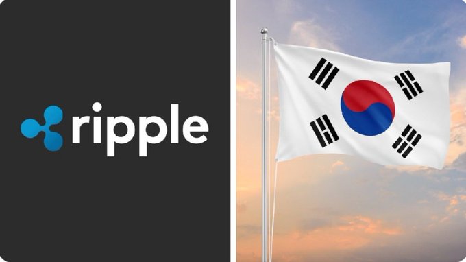 The image shows a split graphic featuring the Ripple logo on the left and the South Korean flag waving against a sunset sky on the right, illustrating Ripple's RLUSD stablecoin listing on South Korea's major crypto exchanges Upbit and Bithumb as highlighted in the accompanying post.