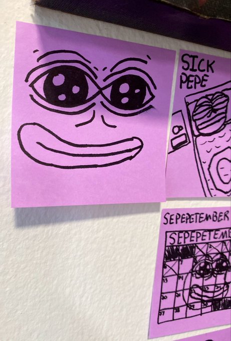 A photograph of hand-drawn stickers on a textured white wall includes a large purple square with an infinity-shaped face, and smaller purple squares labeled "SICK PEPE" and "SEPETEMBER" featuring other doodled faces.