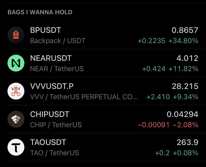 A cryptocurrency watchlist titled "BAGS I WANNA HOLD" displays five altcoin pairs against USDT with their current prices and 24-hour changes: BPUSDT (Backpack/USDT) up 34.80% to 0.8657, NEARUSDT up 11.82% to 4.012, VVVUSDT.P up 9.34% to 28.215, CHIPUSDT down 2.08% to 0.04294, and TAOUSDT up 0.08% to 263.9. The image supports the post by showing the mostly positive performance of these altcoin holdings, with four out of five pairs in the green for the day.