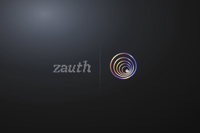 The image features a dark background with the text "zauth" in a stylized dotted font next to a colorful concentric spiral logo, representing the zauth brand partnering with Agent Wormhole to build a safer internet.