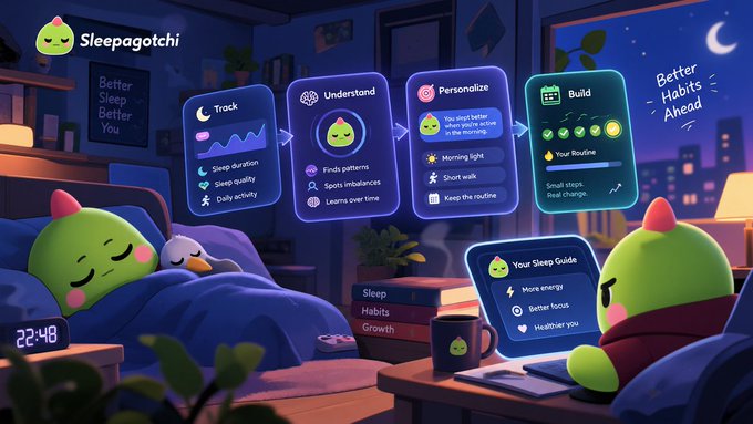 A promotional graphic for 'Sleepagotchi' shows features including Track, Understand, Personalize, and Build, with a green character in a bedroom setting.