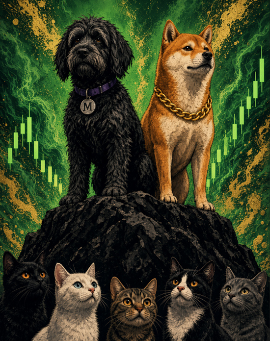 A black shaggy dog wearing a purple collar tagged "M" and a Shiba Inu adorned with a gold chain stand triumphantly atop a rocky perch, gazing upward against a swirling green and gold background of candlestick charts, while five cats with upturned faces look up at them from below—visualizing the post's "dog in a cats world" metaphor tied to memecoins $BARK, $MYRO, $BONK, and $DOGE.