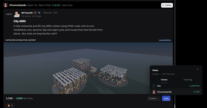 Screenshot of a Reddit post on r/Chumwizards where NFTmart76 shares 'City 6592,' an interactive 3D HTML project resembling a familiar nostalgic game.