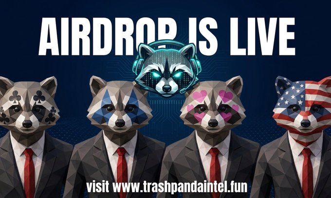 Promotional graphic for the "$TPI Airdrop is LIVE" featuring four low-poly suited raccoon mascots with suit designs representing card suits, Scottish flag, hearts, and American flag, centered around a glowing cyber wolf logo, directing viewers to trashpandaintel.fun.
