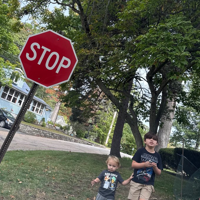 A photo of two young children standing on a grassy lawn in front of a red STOP sign and leafy trees, with a blue house in the background. The older boy wears a black 'Star Wars' shirt and the younger child wears a 'DDP Crew' shirt.