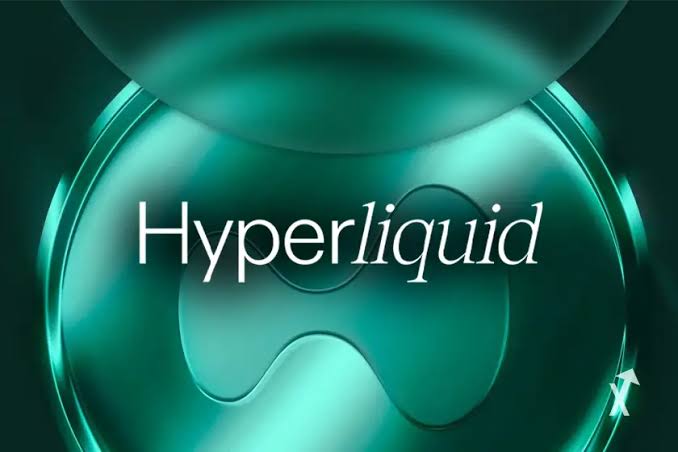 A glossy teal 3D graphic displaying the 'Hyperliquid' name and logo with a small cursor arrow on the right.