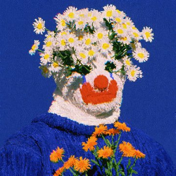 A painted artwork featuring a clown with a red nose and smile, wearing a blue outfit, with their head replaced by a large bouquet of white daisies while holding orange marigolds against a blue background.