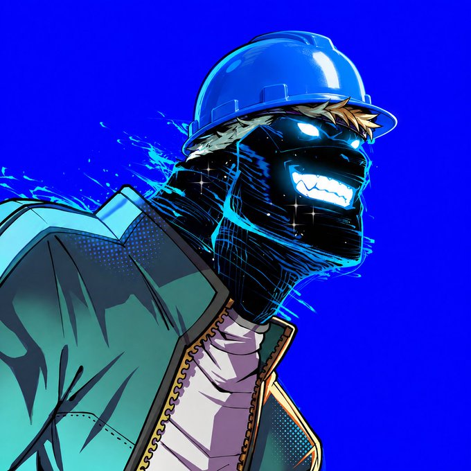 A new profile picture features a stylized cartoon character wearing a blue construction hard hat with a glowing, shadowy face and sharp grin, set against a vibrant blue background—fittingly matching the "$BASECAT on @base" reference to a Base ecosystem token.