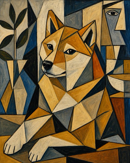 A cubist-style painting of a Shiba Inu dog constructed from geometric shapes in shades of brown, blue, and gray.