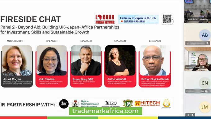 A virtual event panel slide titled 'FIRESIDE CHAT' for 'Beyond Aid: Building UK-Japan-Africa Partnerships for Investment, Skills and Sustainable Growth,' featuring moderator Janet Rogan and speakers including Yuki Tanaka, Steve Gray OBE, Anthea Vrijlandt, and Dr. Engr. Okeyinka Okumide.