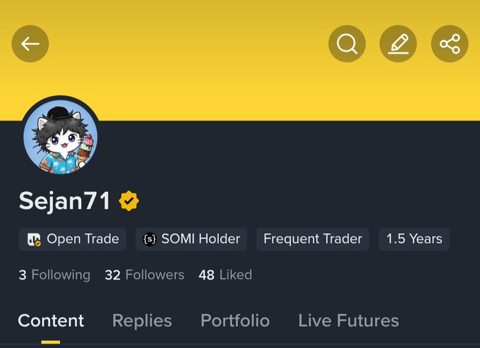 A profile screen on a mobile app displays the username "Sejan71" with a verified checkmark, showing 3 Following, 32 Followers, and 48 Liked, along with tags "Open Trade," "SOMI Holder," "Frequent Trader," and "1.5 Years."
