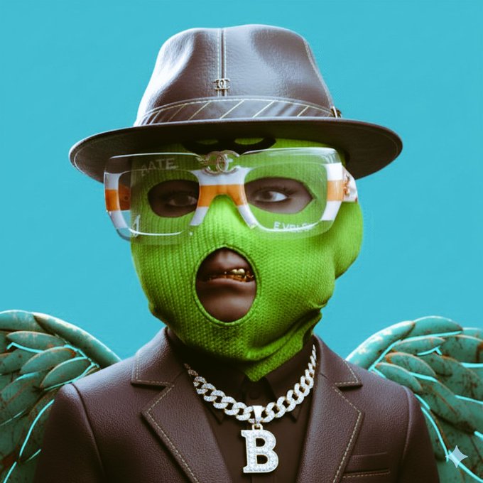 A stylized digital portrait of a figure wearing a brown leather fedora, green ski mask, white-framed sunglasses, a brown leather jacket, and a diamond-encrusted chain with a 'B' pendant, set against a teal background.