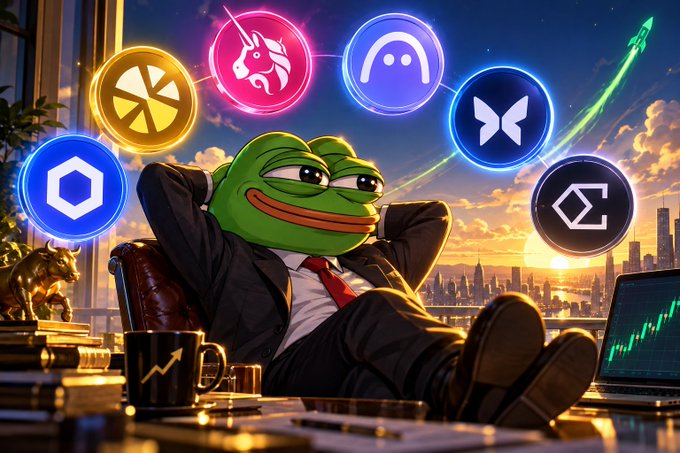 An illustrated image of a contentedly smiling Pepe the Frog dressed in a business suit with hands behind his head, surrounded by various cryptocurrency logos floating against a city sunset backdrop.