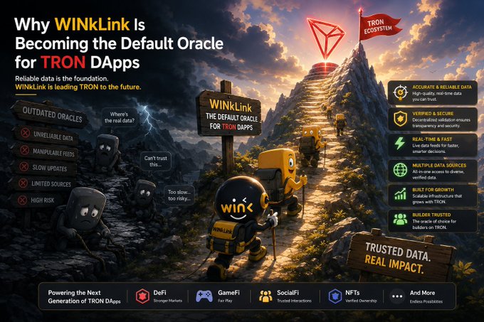 A promotional graphic titled 'Why WINkLink Is Becoming the Default Oracle for TRON DApps', comparing outdated oracles to WINkLink's advantages for the TRON ecosystem.